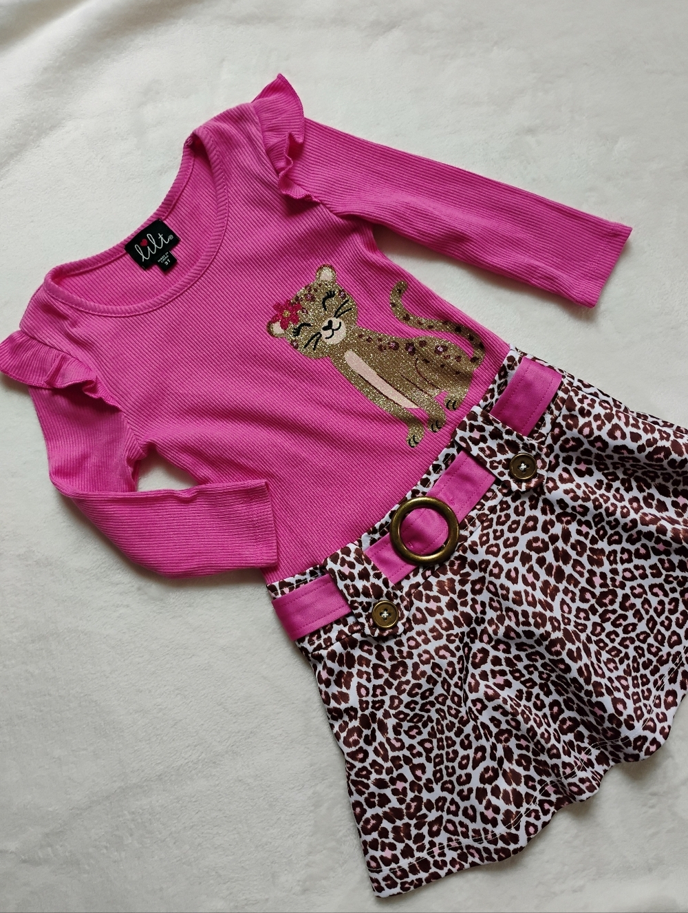 Cute Long Sleeve Leopard Dress | Glitter Cat Belted Dress Ruffles | 3T